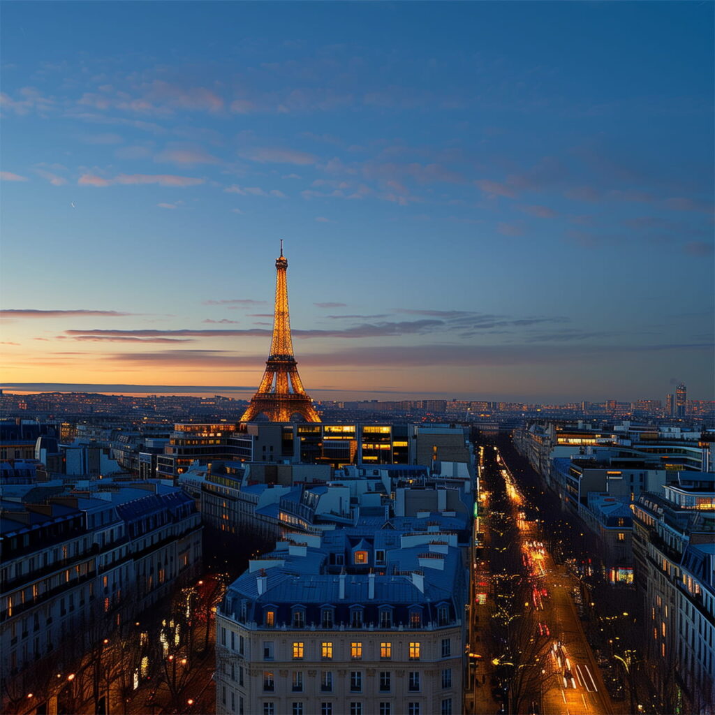 torre eiffel di notte dall'arco di trionfo